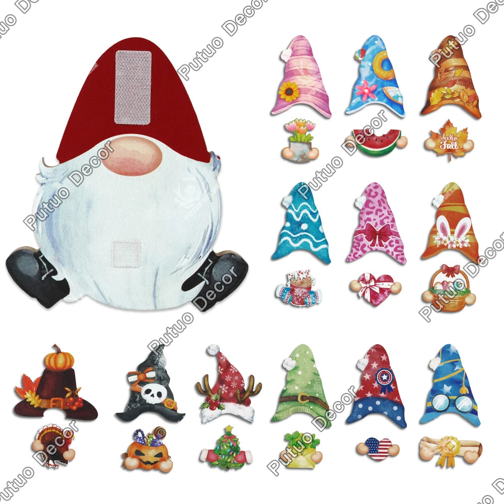 Putuo decor 1pc gnome shaped interchangeable wooden table with 12 sets of changeable velcro icons,gifts for christmas
