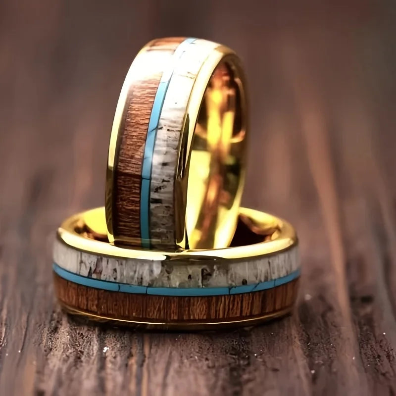 Deer antler ring stainless steel wedding band koa wood men turquoise mens jewelry