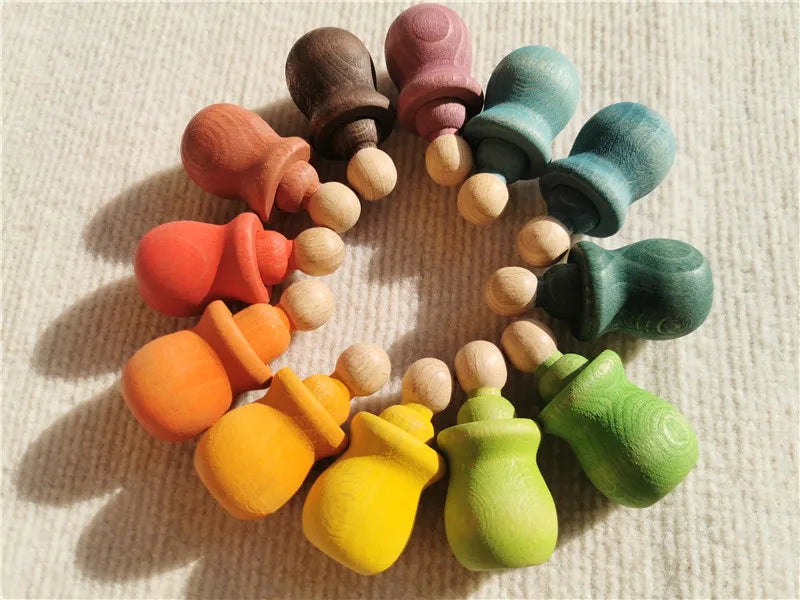 Rainbow wood peg dolls with cups handmade stain stacking people in bowls for kids open-ended play - rainbow 12 - game