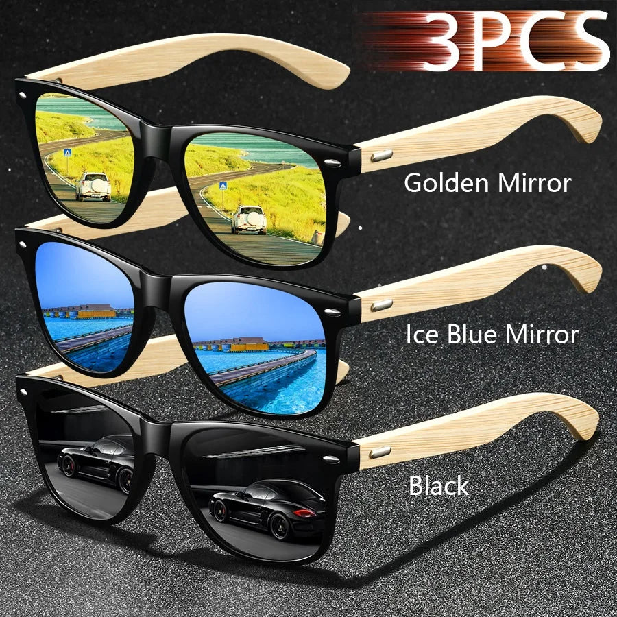 3pcs fashion vintage bamboo wood square sunglasses men women fishing driving man luxury brand designer sun glasses