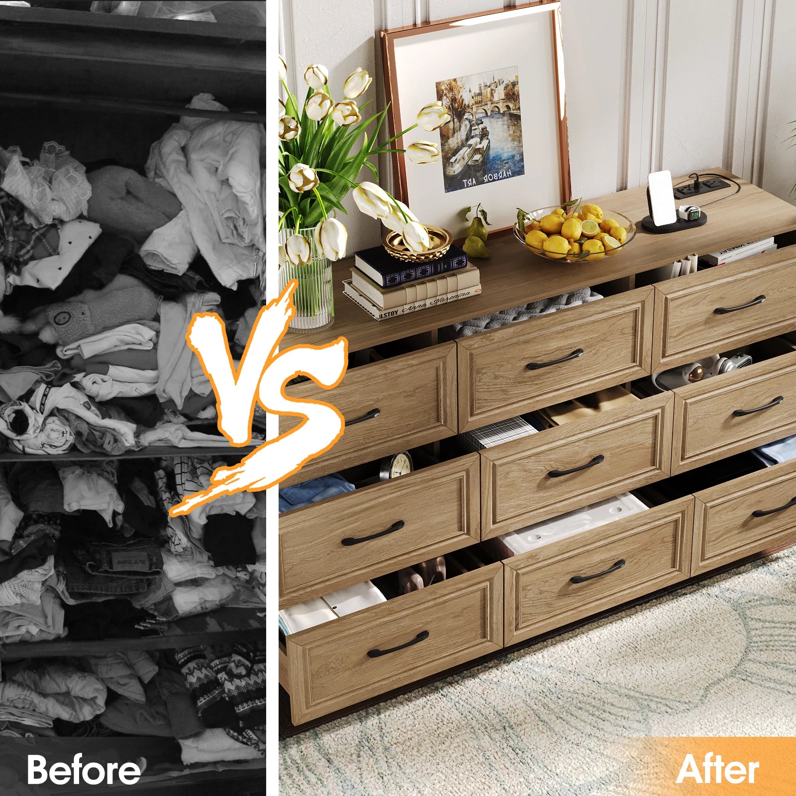 Vabches wood dresser for bedroom 9 drawer with power outlet&metal handles chest of drawers storage organizer hallway