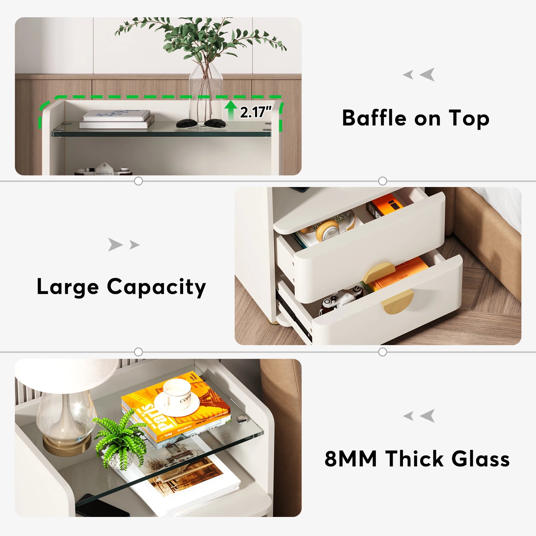 Tribesigns nightstands 2-drawer modern night stand with open storage space wood bed side table tempered glasses end