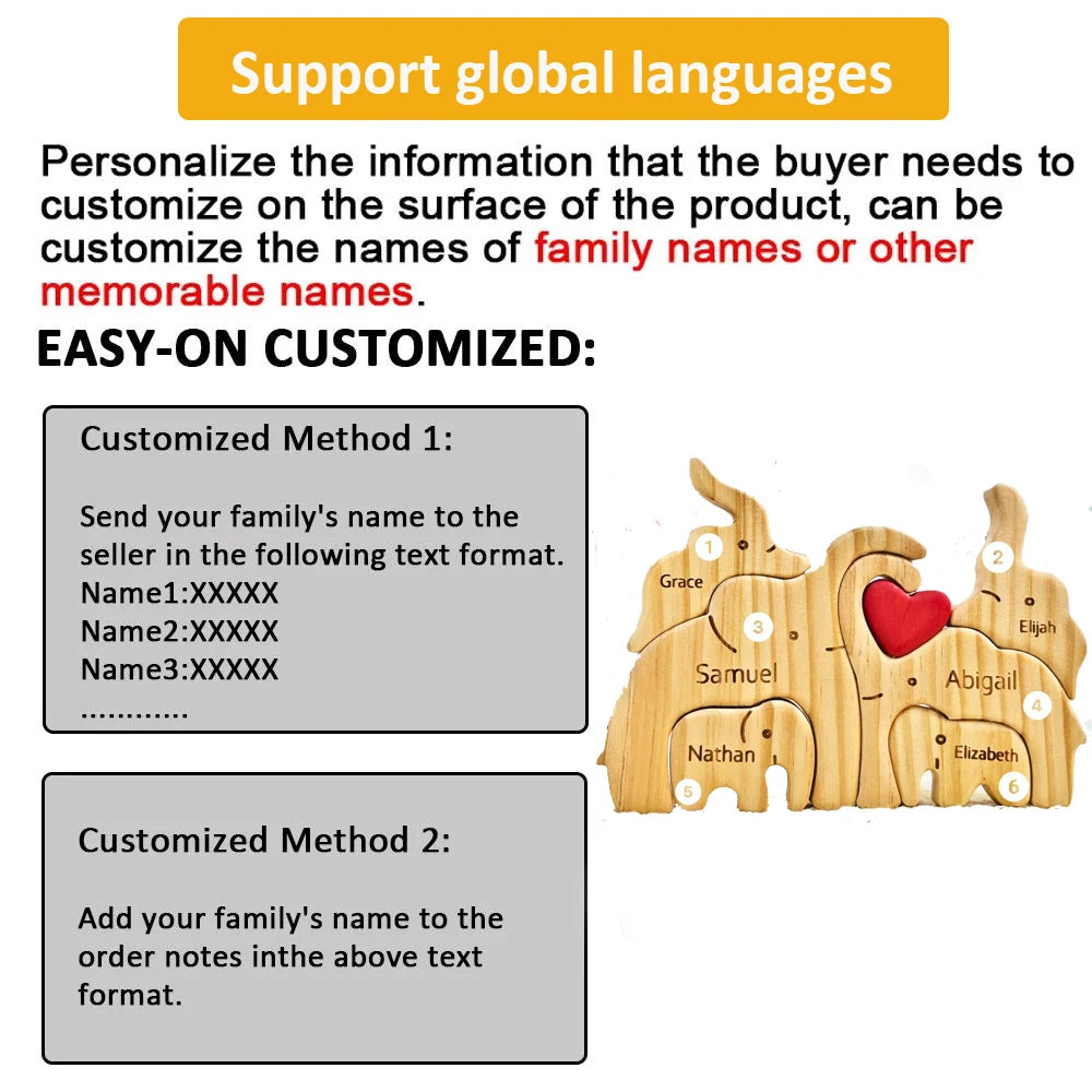 Personalized elephant family wooden puzzle love animal wood custom name sculpture free engraving decor gifts