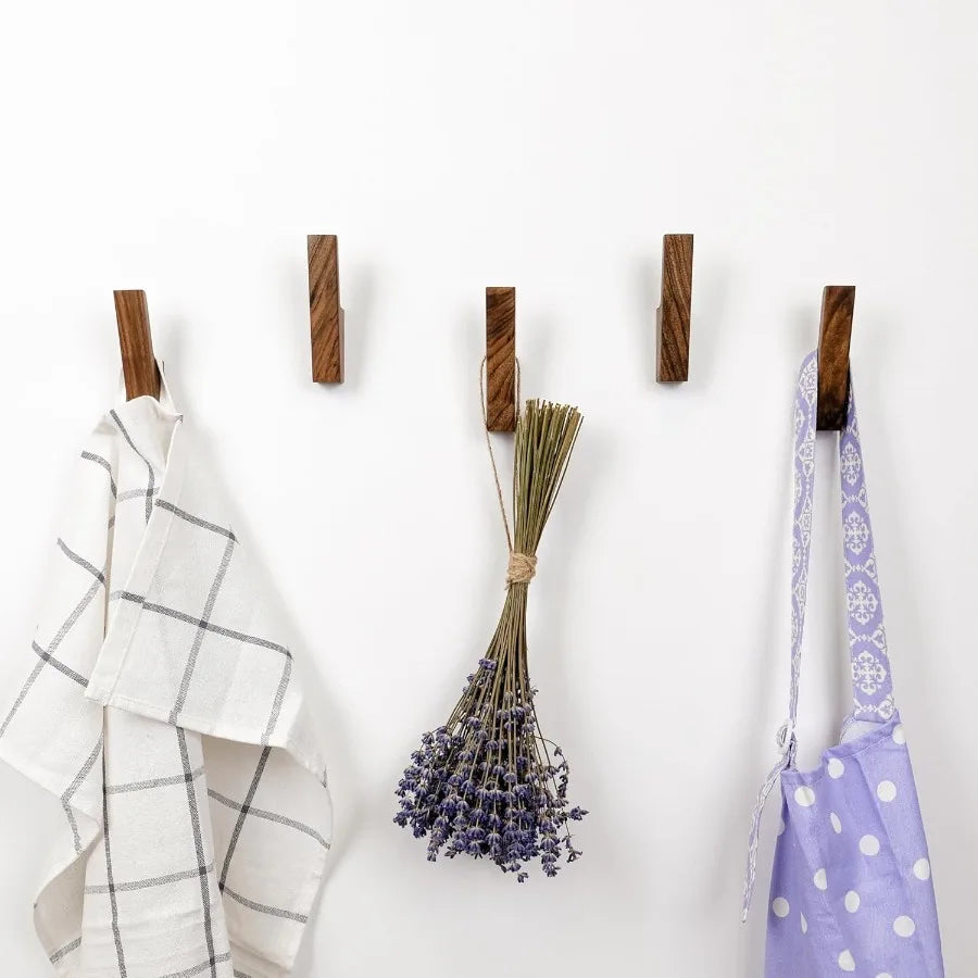 Set of 4 wall hooks in dark walnut or light ash wood for practical entryway storage: ideal hanging hats purse backpack