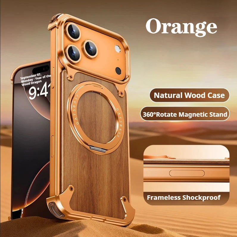 Eary natural wooden frameless case for iphone 17 pro max air with magsafe 360°rotation magnetic stand shockproof phone