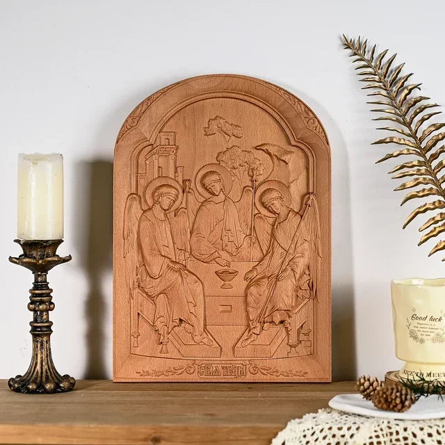 Religious vintage catholic holy trinity wood carving ornament family home living wall decor - wood / 35cm - (christian)