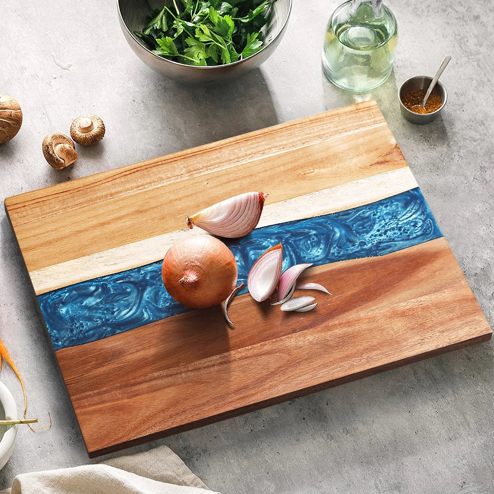 Acacia wood resin cutting board kitchen meal prep household fruit meat vegetable tray cheese wooden double-sided - blue
