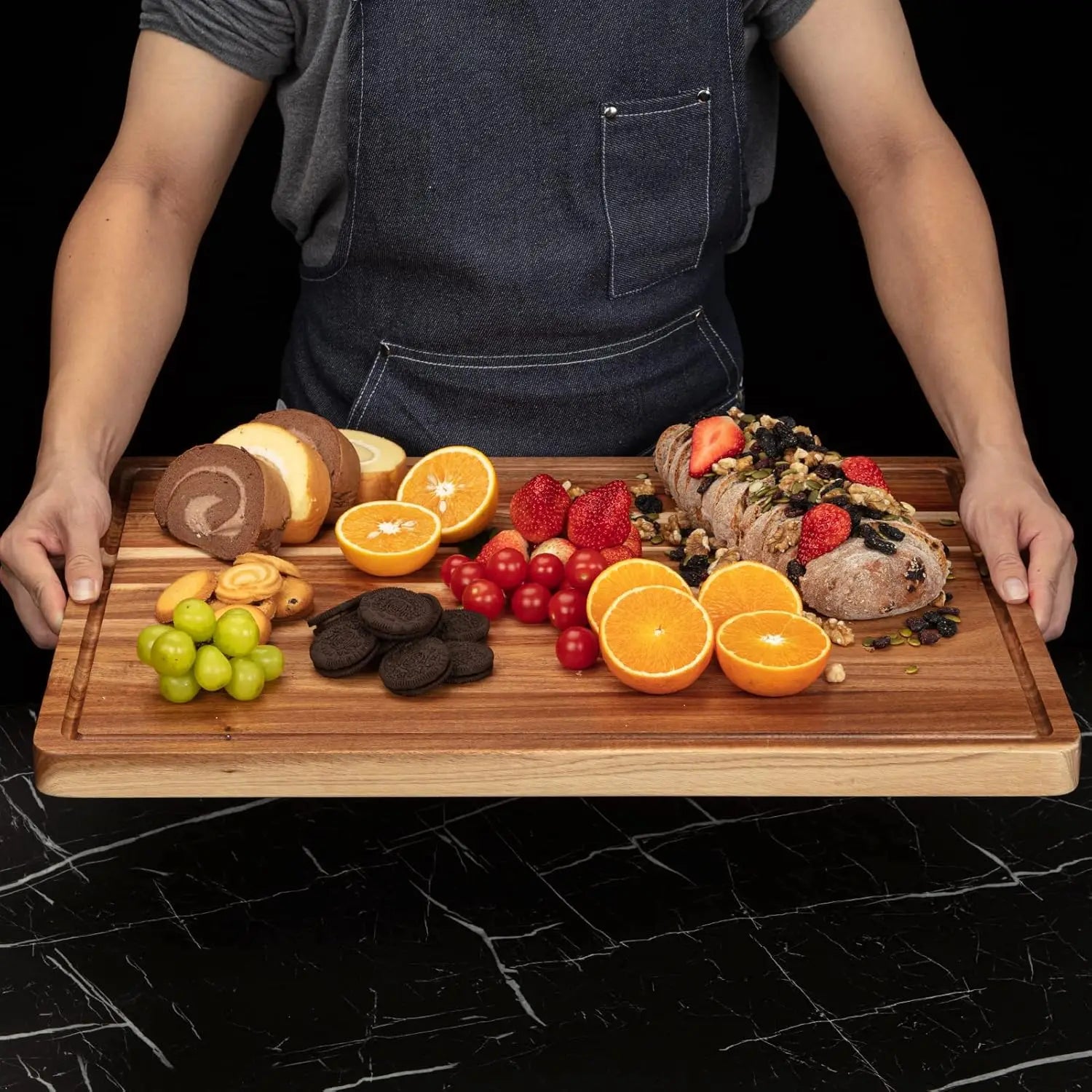 Extra large acacia wood cutting board thick butcher block chopping with side handles for meat vegetables fruit