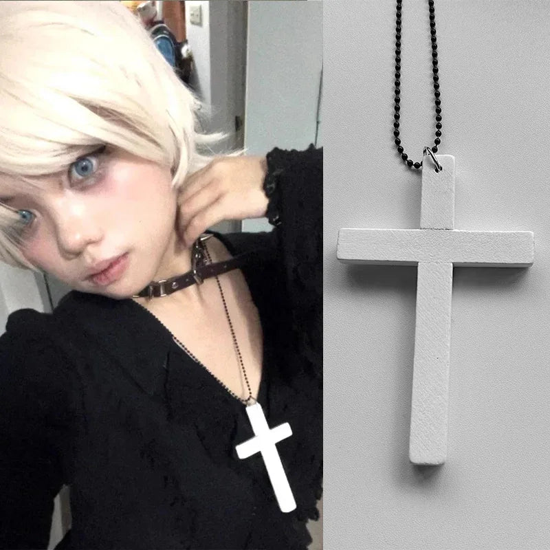 New gothic cool y2k wood cross pendants necklaces unisex black white red hip hop charm chain choker necklace fashion
