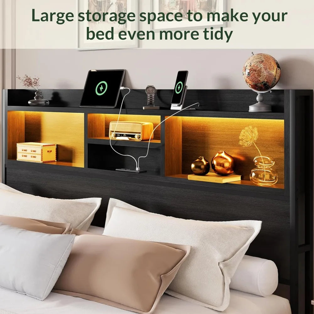 King size storage bed frame – 6 built-in drawers wooden headboard & led lights with charging station