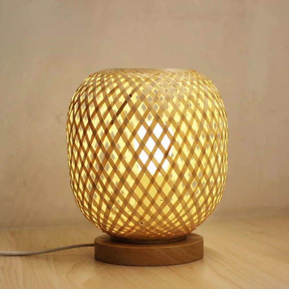 Led table lamp wood bamboo light dimmable rattan lampshade plug bedroom bedside night home decor