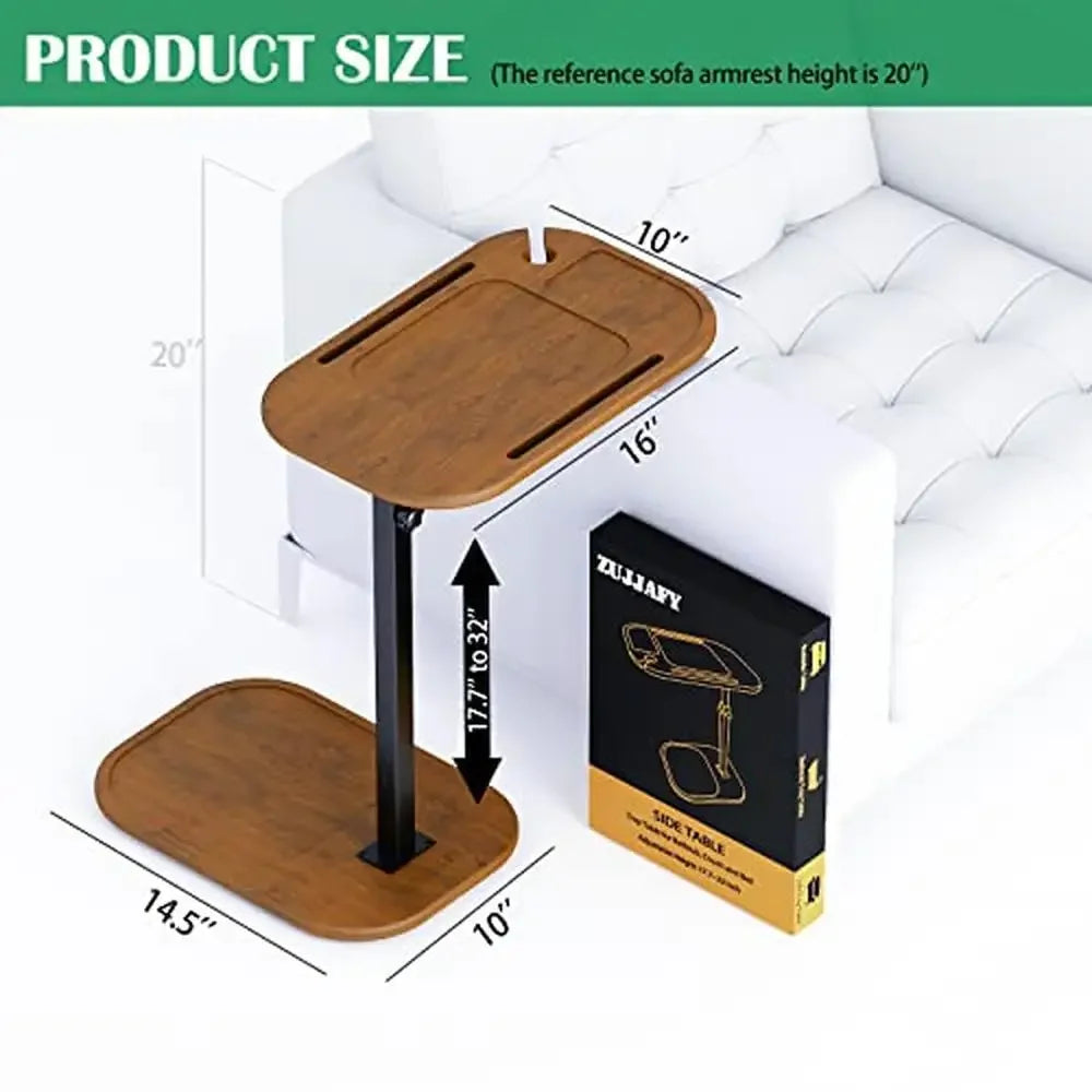 Adjustable height c shaped end table small spaces sofa side with swivel tv tray phone slot natural wood base easy