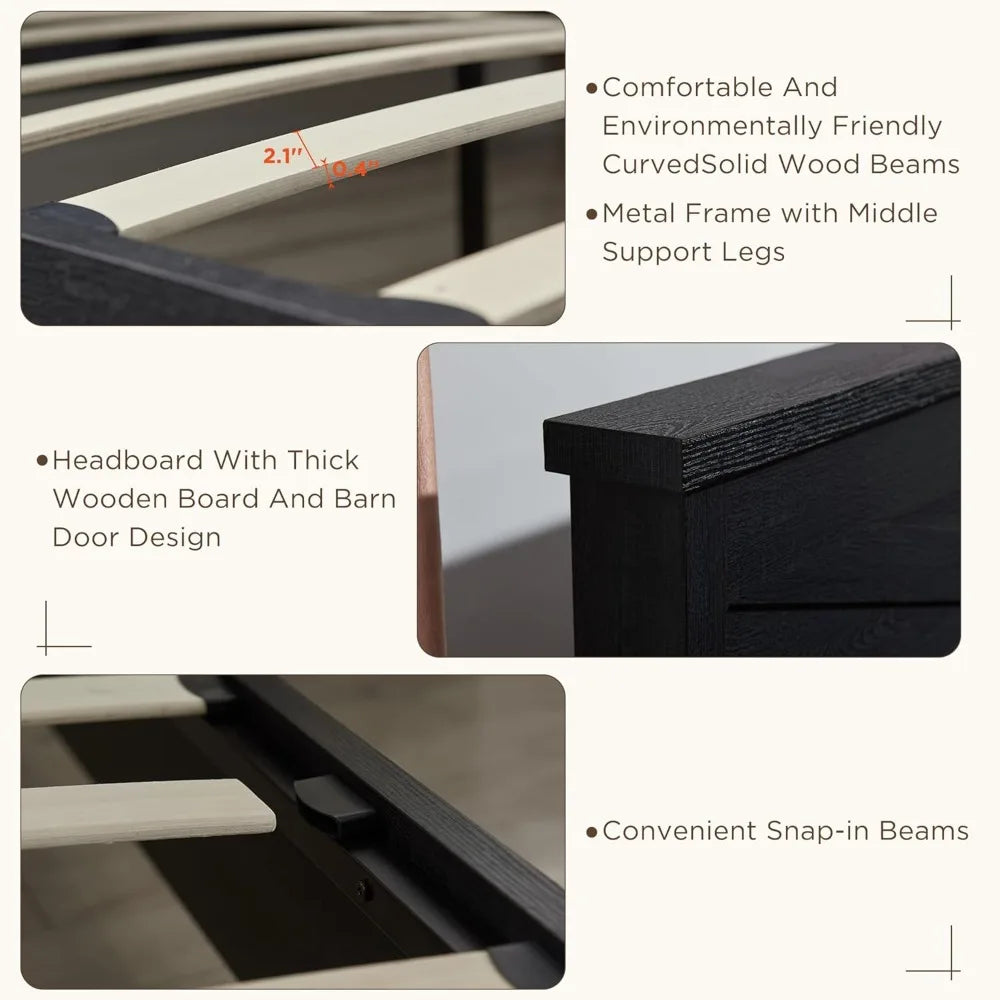 Jxqtlingmu farmhouse wood bed frame king size with sliding barn door storage cabinets and headboard solid slats support