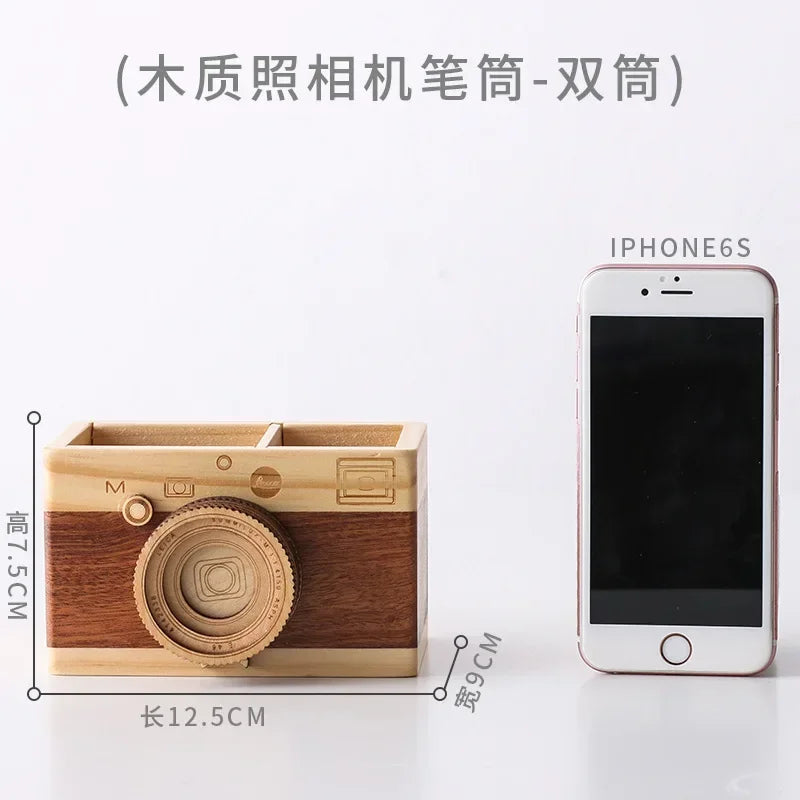 Pencil holder camera-shaped concise wood especial pen container for office - a18-long-12.5cm