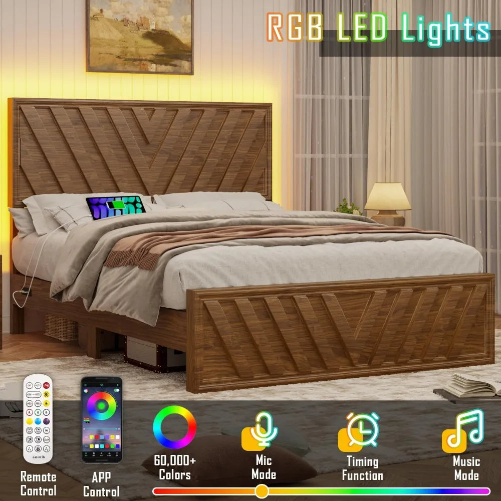 Full bed with adjustable headboard farmhouse platform wood led light and charging station diagonal line & rustic brow