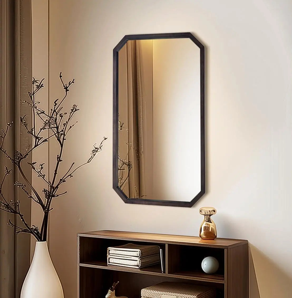 2 shape irregular/octagon wall mirror walnut wood frame decorative for living room bedroom bathroom entryway