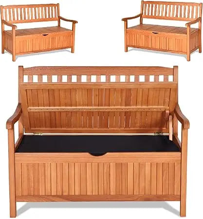 Safstar outdoor patio bench with storage box 33 gallon capacity wooden frame eucalyptus material natural color 42 x 23