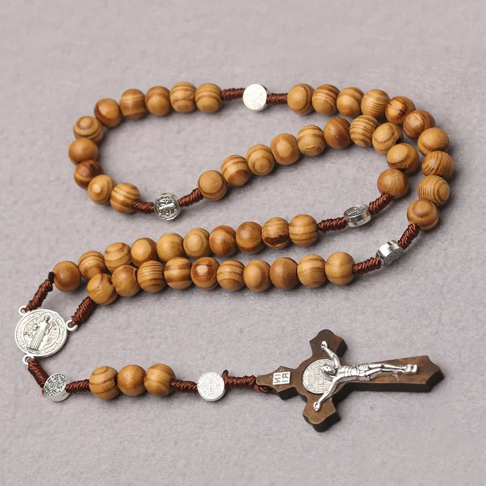 Catholic wood beaded rosary necklaces for women christian inri crucifix cross pendant long chain men religion prayer