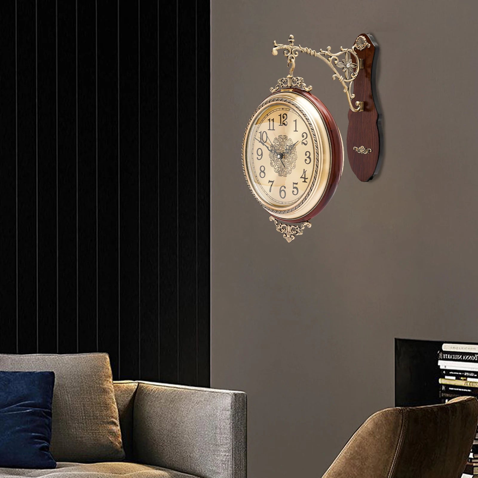 Vintage round wall clock double sided silent movement wood alloy glass brown golden indoor mounted requires assembly