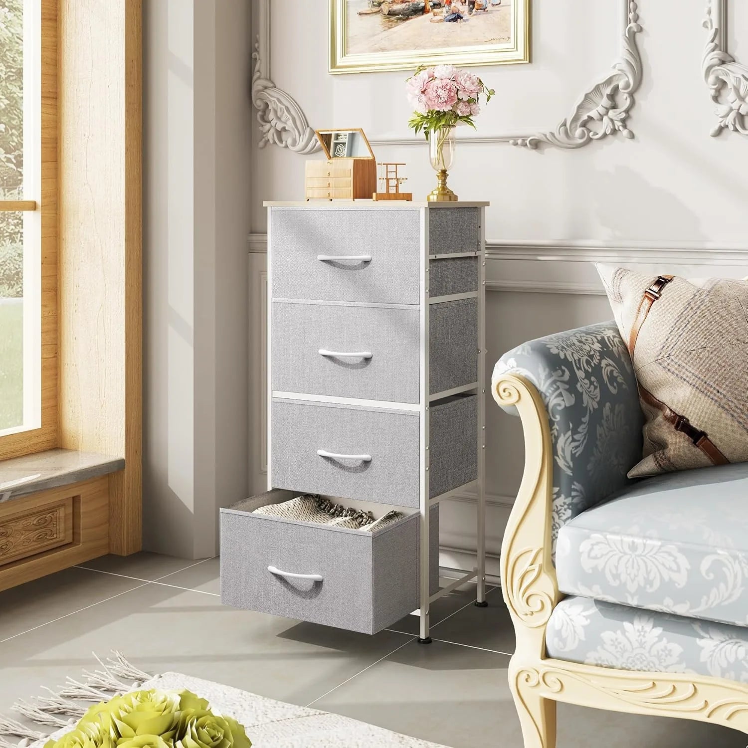 4 drawers dresser for bedroom light grey fabric clothes storage organizer unit hallway entryway wood top - gray