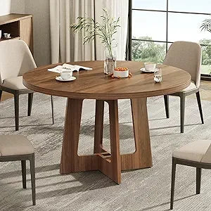 Farmhouse style wooden round dining table for 4 perfect home kitchen and living room - united states / walnut brown