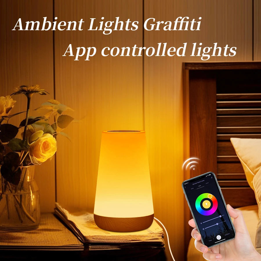 Eu/us plug tuya wifi wood grain touch night light alexa google home voice control dimmable multi-color for bedroom