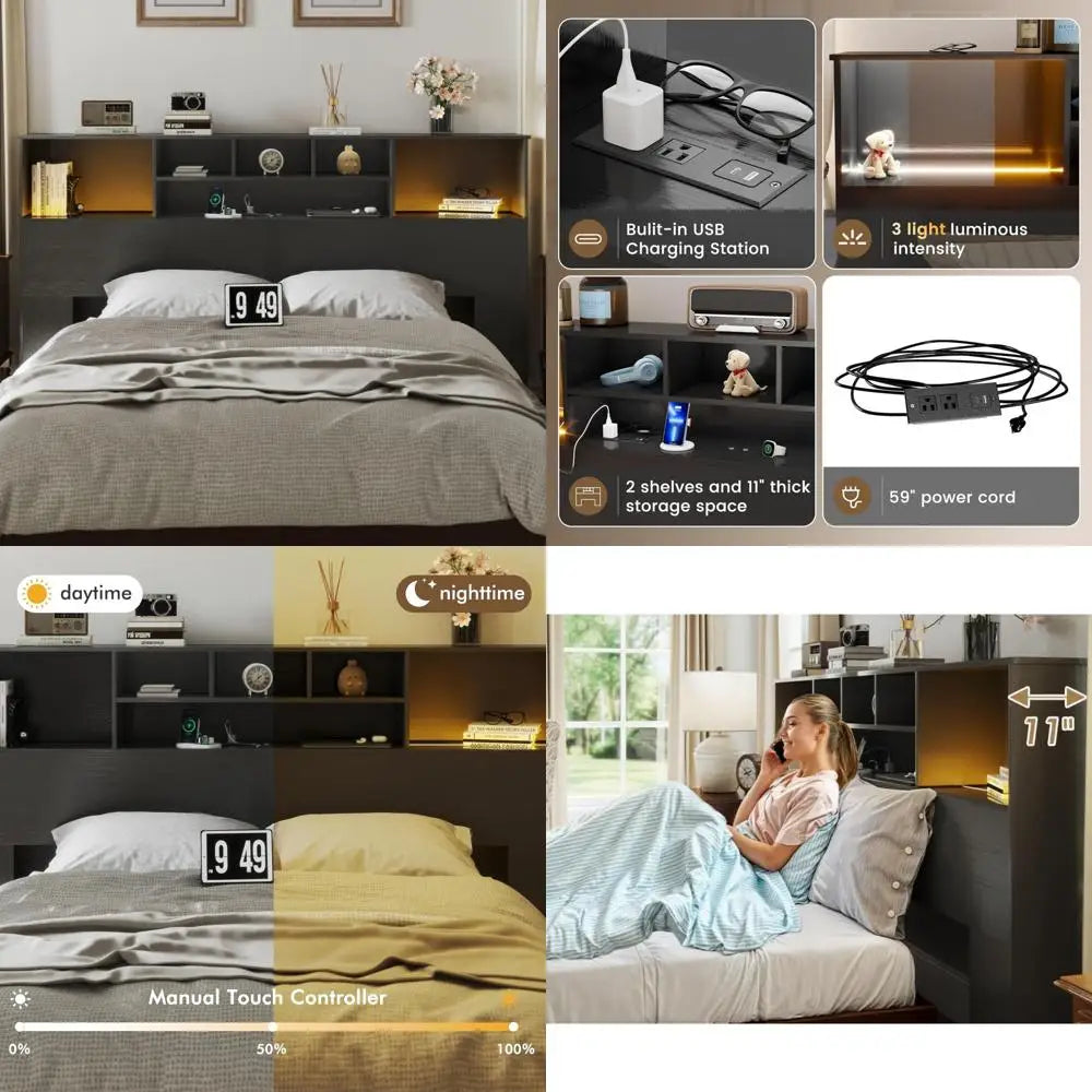 King size black storage headboard with usb ports and led lights for bedroom wood beds - united states