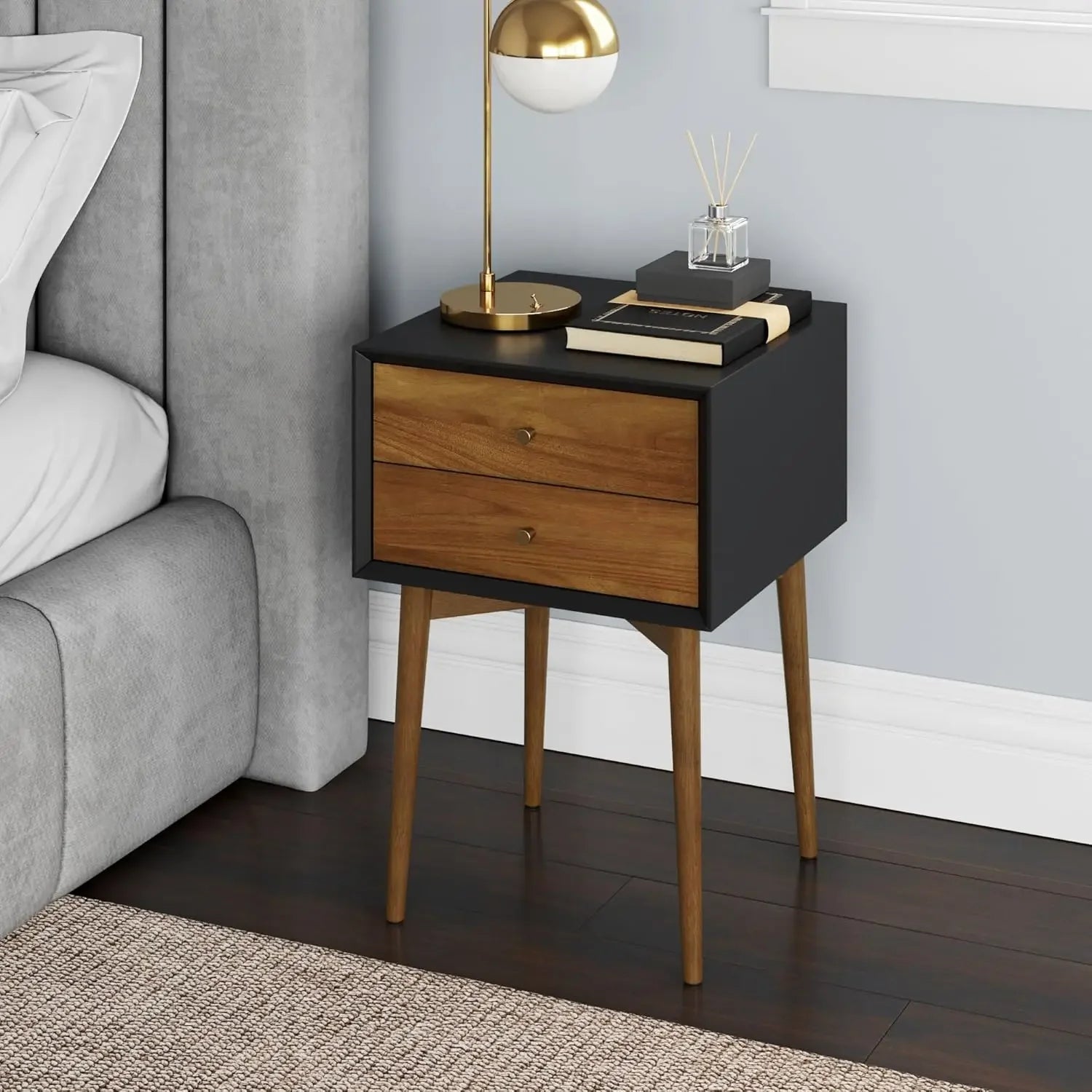 Harper mid-century oak wood nightstand with drawers small side end table storage - black brown-1 / united states