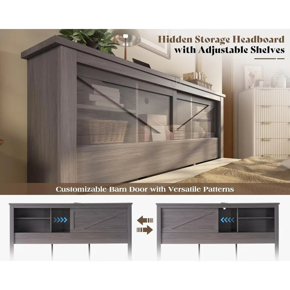 Amerlife 47.2’’ h queen bed frame with hidden space bookcase headboard and charging station beds 2 storage drawers wood