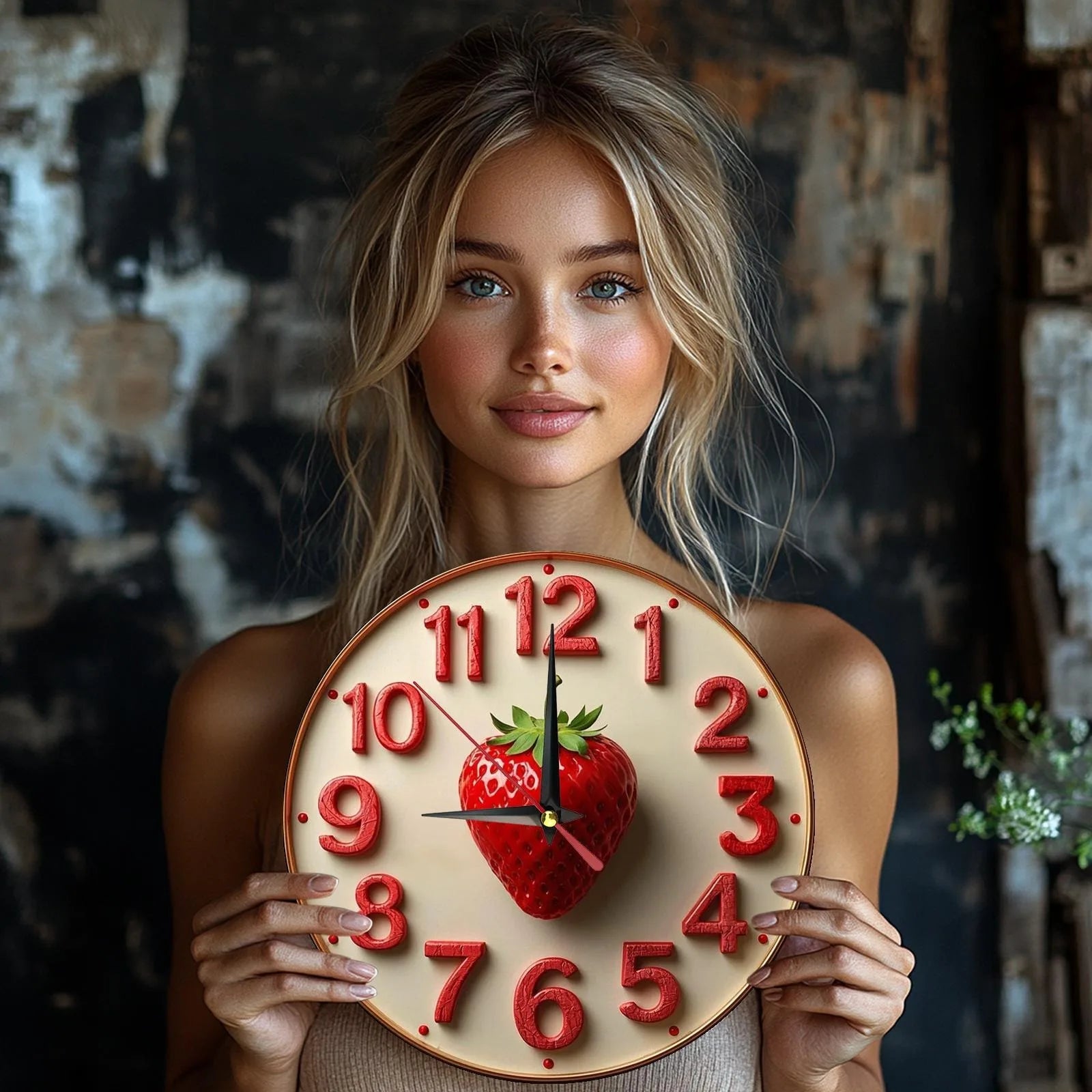 Wooden wall clock with strawberry design - ideal for kitchen or living room uses aa batteries