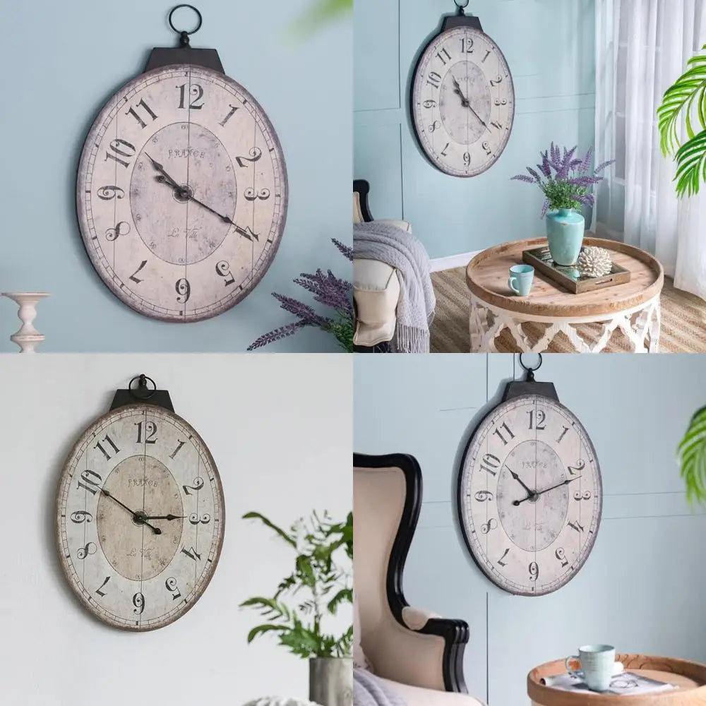 Rustic farmhouse style oval wall clock - 18 x 29 inches solid wood silent non-ticking battery-powered decorative for li