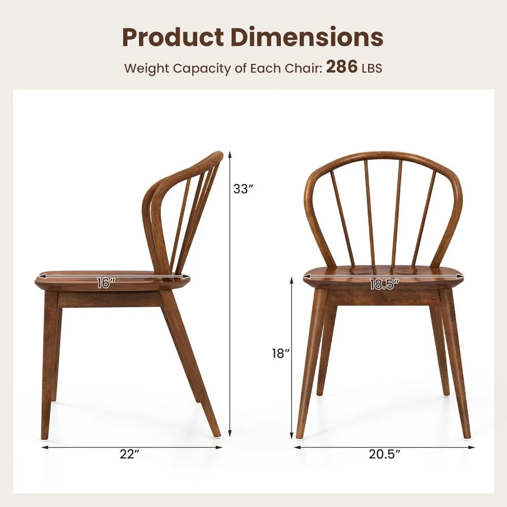 Wooden dining chairs set of 2 windsor kitchen w/high spindle back & rubber wood legs wide seat curved backres - walnut