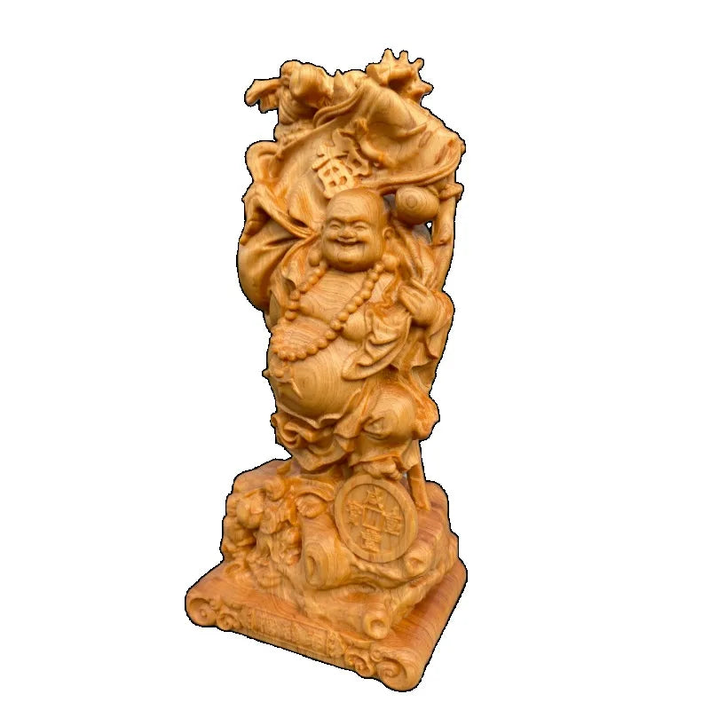 Hand carved cypress wooden happy buddha statue figurine - laughing maitreya big belly ornament prosperity fortune home