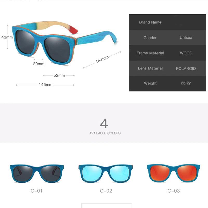 Gm skateboard wooden sunglasses blue frame with coating mirrored bamboo uv 400 protection lenses in w033