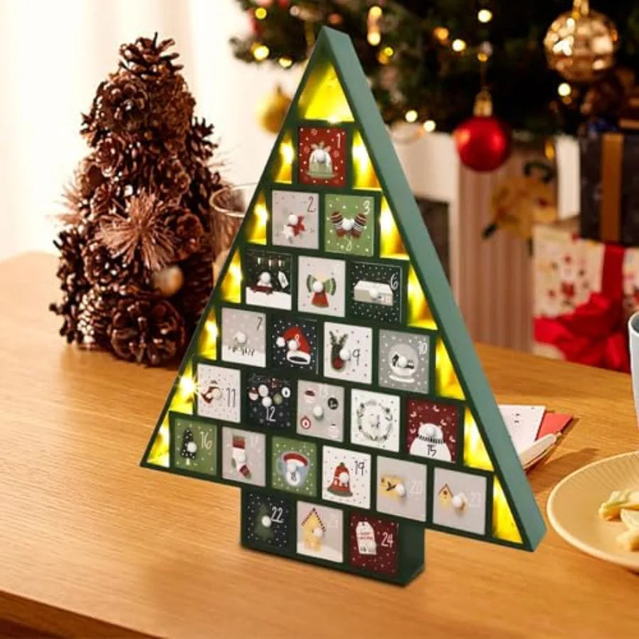 Led 24 day advent calendar decorated with storage drawers green wooden countdown to christmas for holiday home deco
