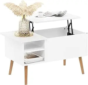 Jensen wooden leg lift top coffee table with hidden compartment and side open storage shelf for living room solid white