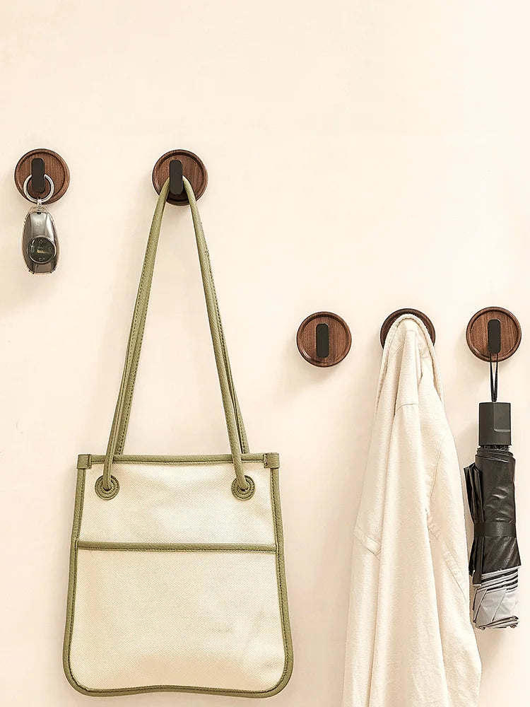 Walnut wood coat rack hooks black wall hangers for hanging keys clothes bathroom robe and towels entryway， no drilling