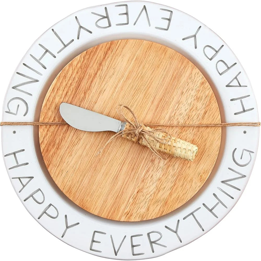 Happy cheese plate board set 10.5 inch glazed terracotta cutting stainless steel rattan spreader entertaining home