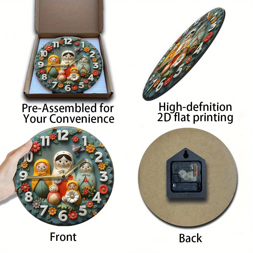 Wooden wall clock with russian matryoshka dolls pattern perfect for home decor. Requires aa batteries