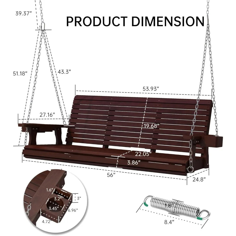 Wooden outdoor porch swing 3 seater front with upgraded 22’’ deep seat heavy duty 880 lbs bench chair