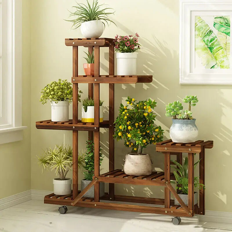 Unho wooden plant stand with wheels multi-layer rolling flower display shelf indoor movable storage rack holder outdoor