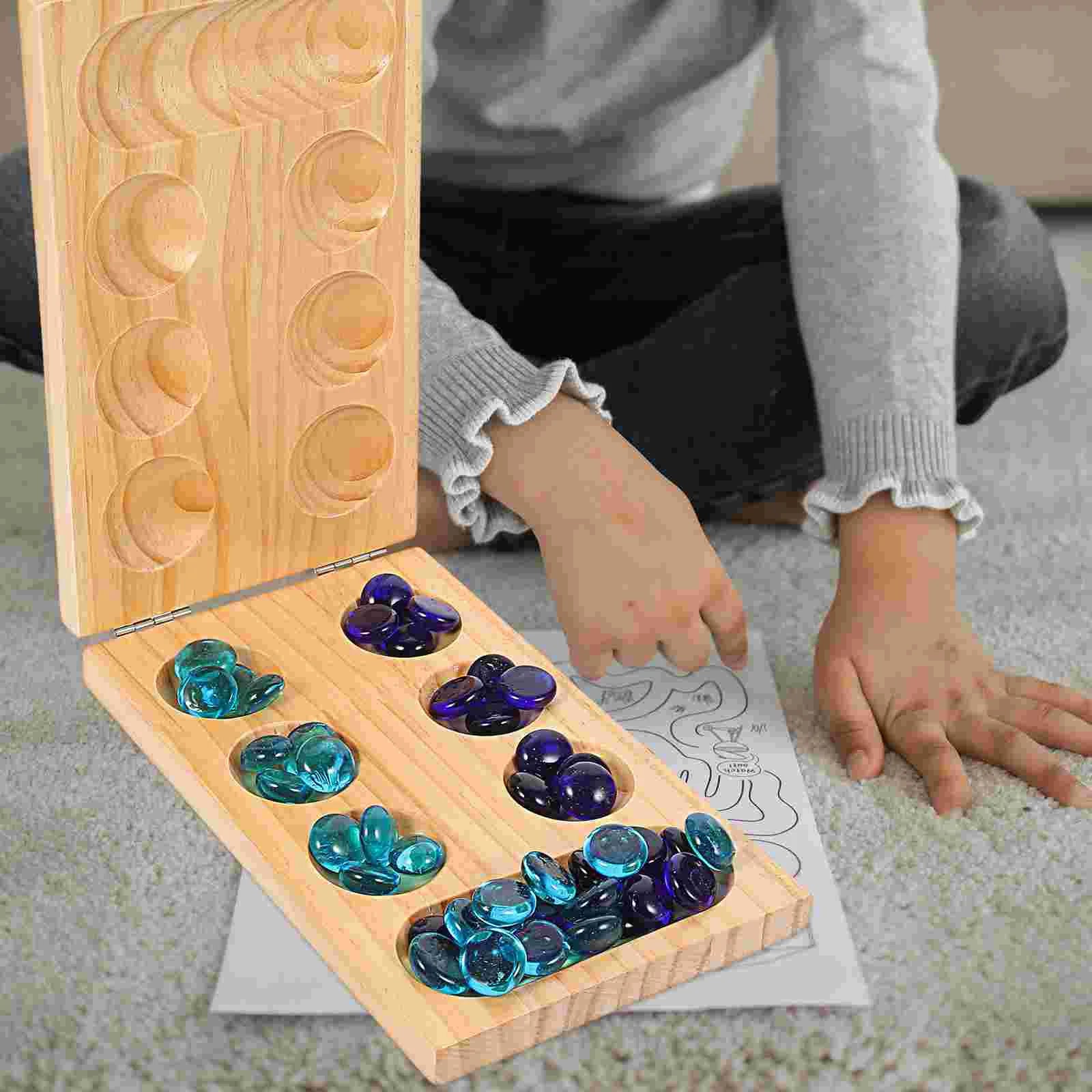 Portable foldable wooden mancala board game kids toy chess gemstone plaything thinking puzzle entertainment strategy