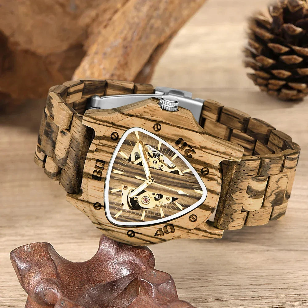 2025 new men’s wooden hollow mechanical watch triangle unique design fashionable business fashion accessory - wood watch