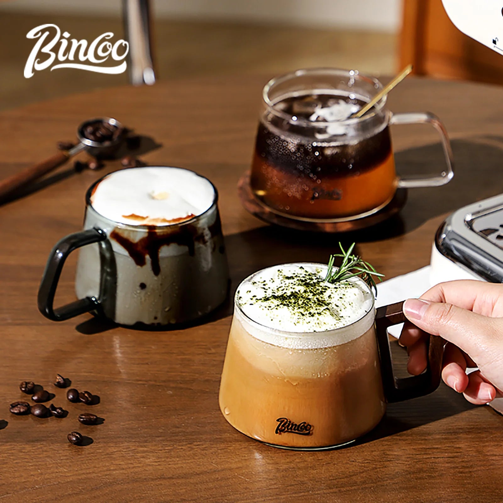 Bincoo 340ml transparent heat-resistant espresso cup glass coffee mug with wood handle cappuccino latte tea water cups