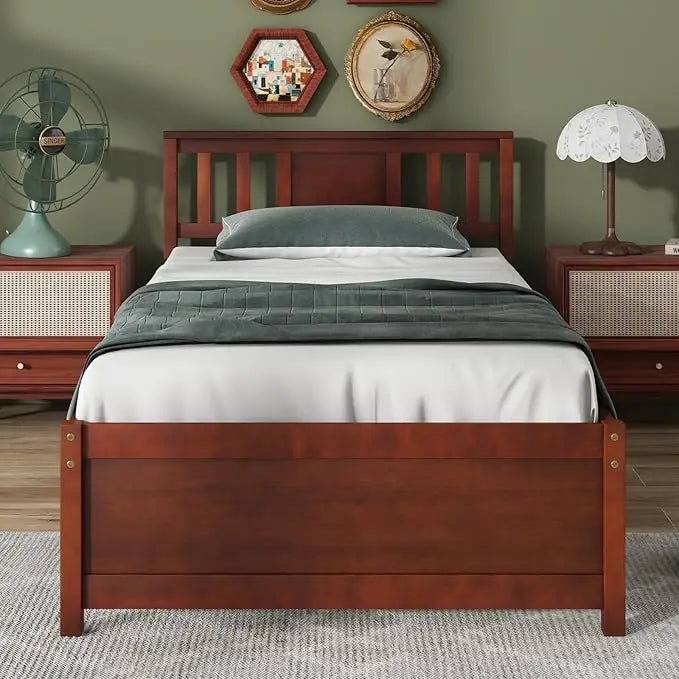 Giantex twin bed frame with headboard mid century solid wood platform single panel slat support no box spring ne
