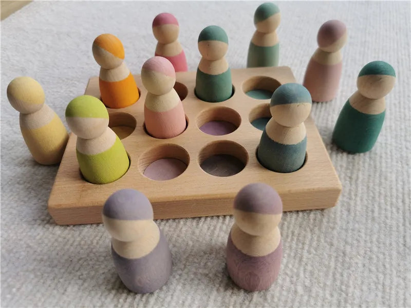 High quality wooden toys pastel basswood rainbow stacking blocks pine building semi sorting peg dolls balls for kids