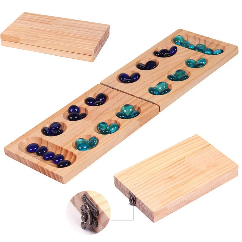 B78b-foldable wooden mancala board game for ages 7+ multi-color beads classic strategy family party and travel