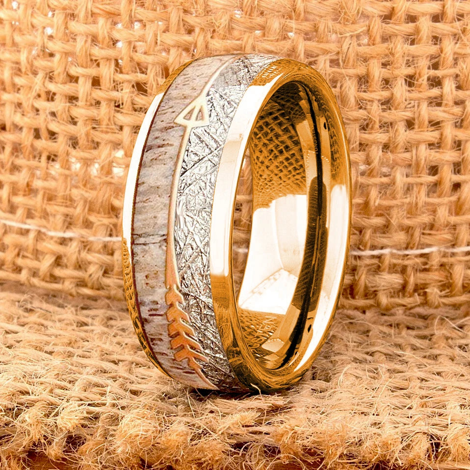 Fashion 8mm men stainless steel rings silver color brushed deer antler and koa wood for wedding band jewelry wholesale