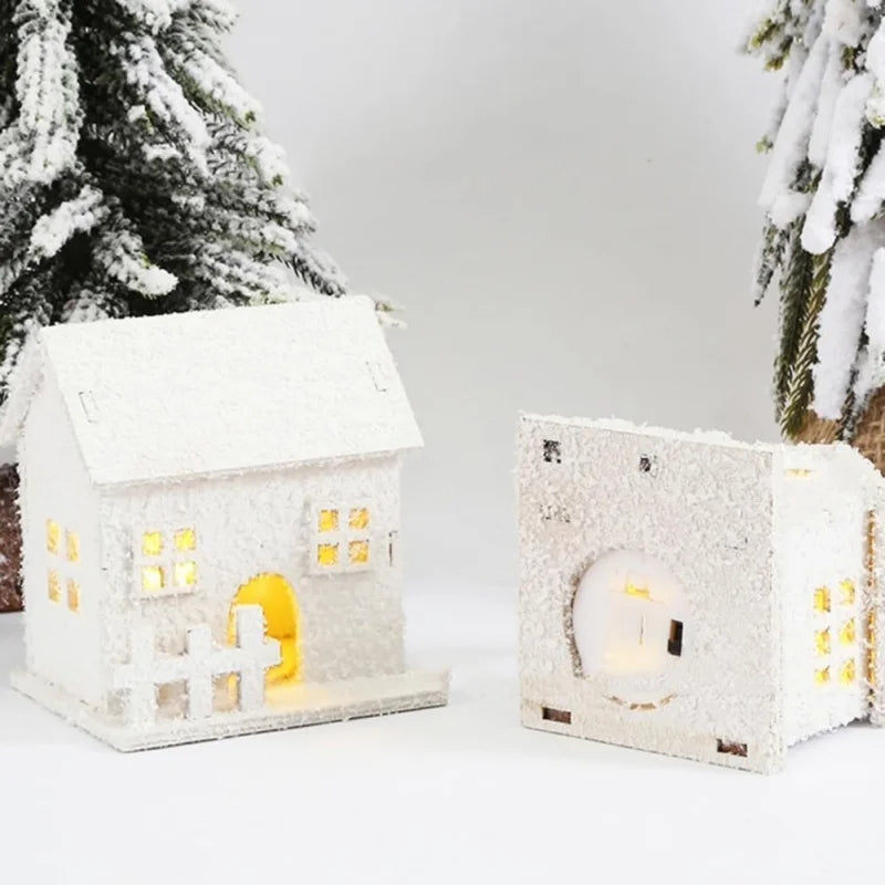 Led lighted christmas village houses xmas snow wooden winter building figurines holiday party decor - decorative
