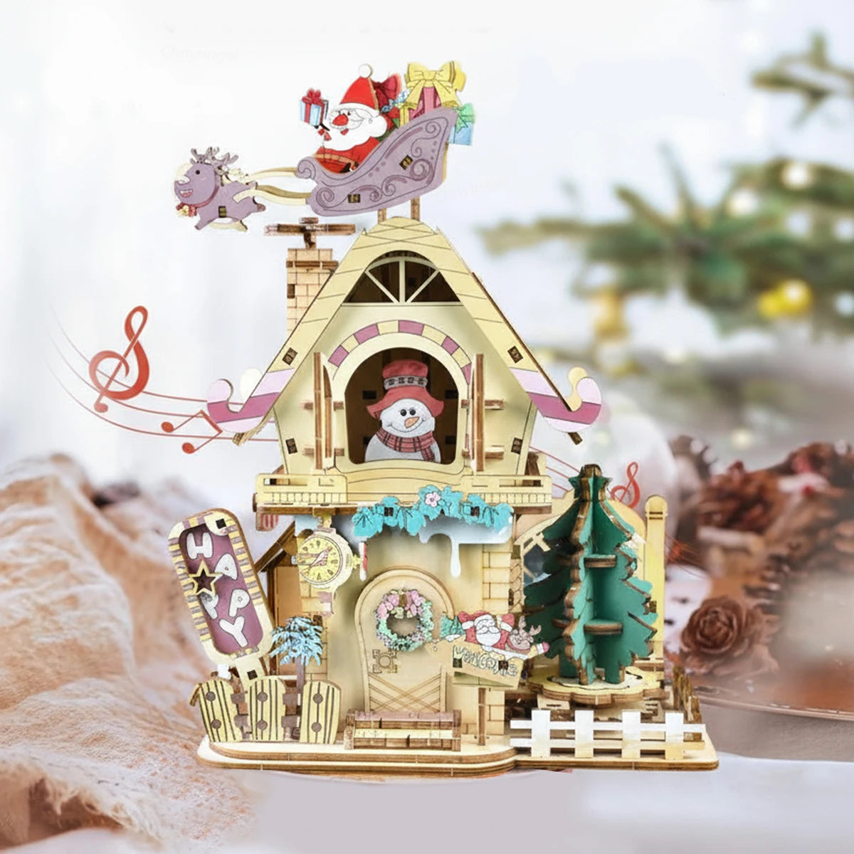 Chriyungel christmas music box diy assembly 3d wooden puzzles rotating model building kits decor xmas gift for adults